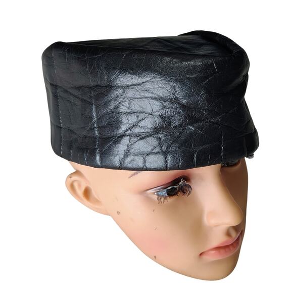 1960s Black Genuine Leather Oblong Cap Hat Made in USA Size Large Gently Used - Picture 2 of 9